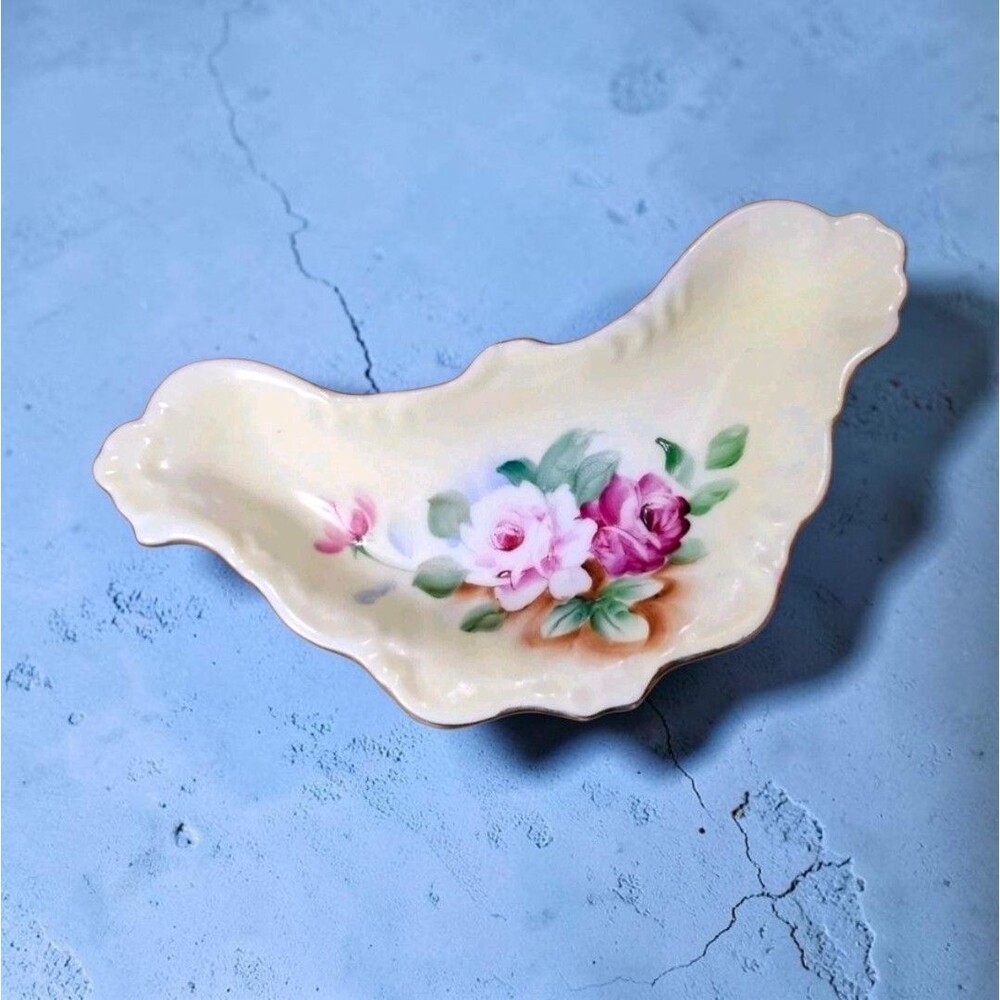 Andrea by Sadek Yellow Porcelain Trinket Dish Pink Roses Gold Trim 6035X Vanity